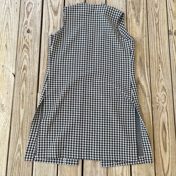Vintage polyester sleeveless duster vest houndstooth black and white L - Picture 2 of 4
